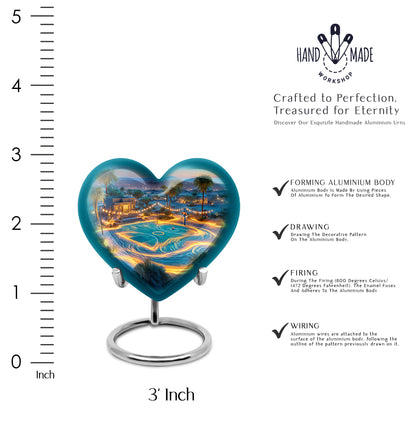 Calming Blue Basketball Cremation Urn front view showing detailed design - romantic heart urn with basketball motif on aluminum - mini keepsake memorial for portion of cremation ashes