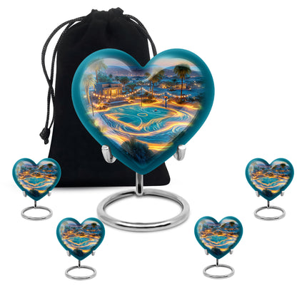 Twilight Blue Basketball Cremation Urn close-up of engraving and surface detail - compassionate heart-basketball combination with gentle curves - memorial set with one large and four small urns
