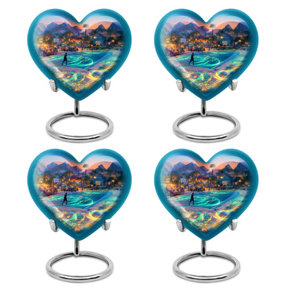 Azure Basketball Cremation Urn angled view of lid and engraved motif - loving heart memorial featuring basketball pattern - 10 inch aluminum urn for cremated remains