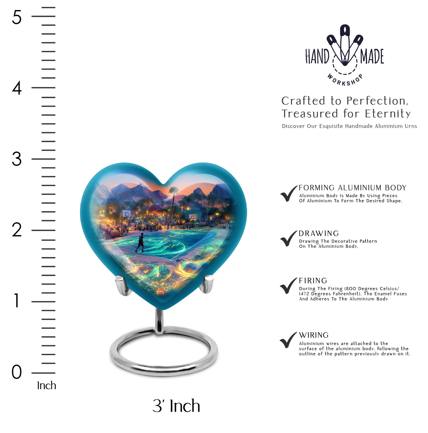 Vivid Blue Basketball Cremation Urn front view showing detailed design - compassionate heart-basketball combination with gentle curves - mini keepsake memorial for portion of cremation ashes
