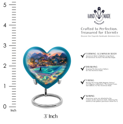 Vivid Blue Basketball Cremation Urn front view showing detailed design - compassionate heart-basketball combination with gentle curves - mini keepsake memorial for portion of cremation ashes