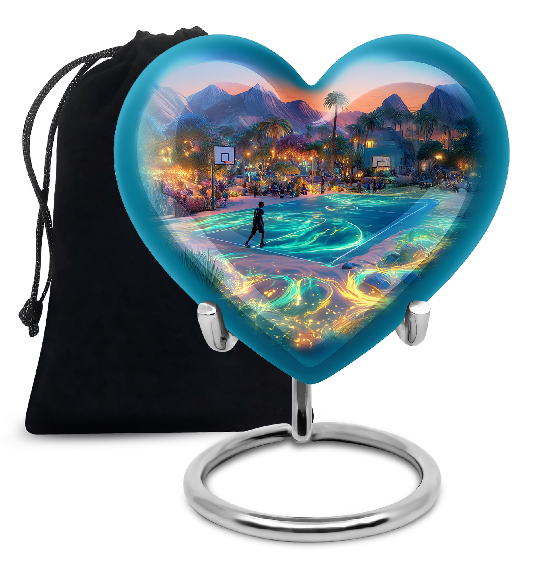 Slate Blue Basketball Cremation Urn detail view - heart-shaped basketball design symbolizing eternal love - full-size 10 inch 200 cubic inch adult cremation urn