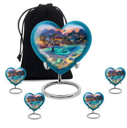 Dusty Blue Basketball Cremation Urn close-up of engraving and surface detail - heart-shaped basketball design symbolizing eternal love - memorial set with one large and four small urns