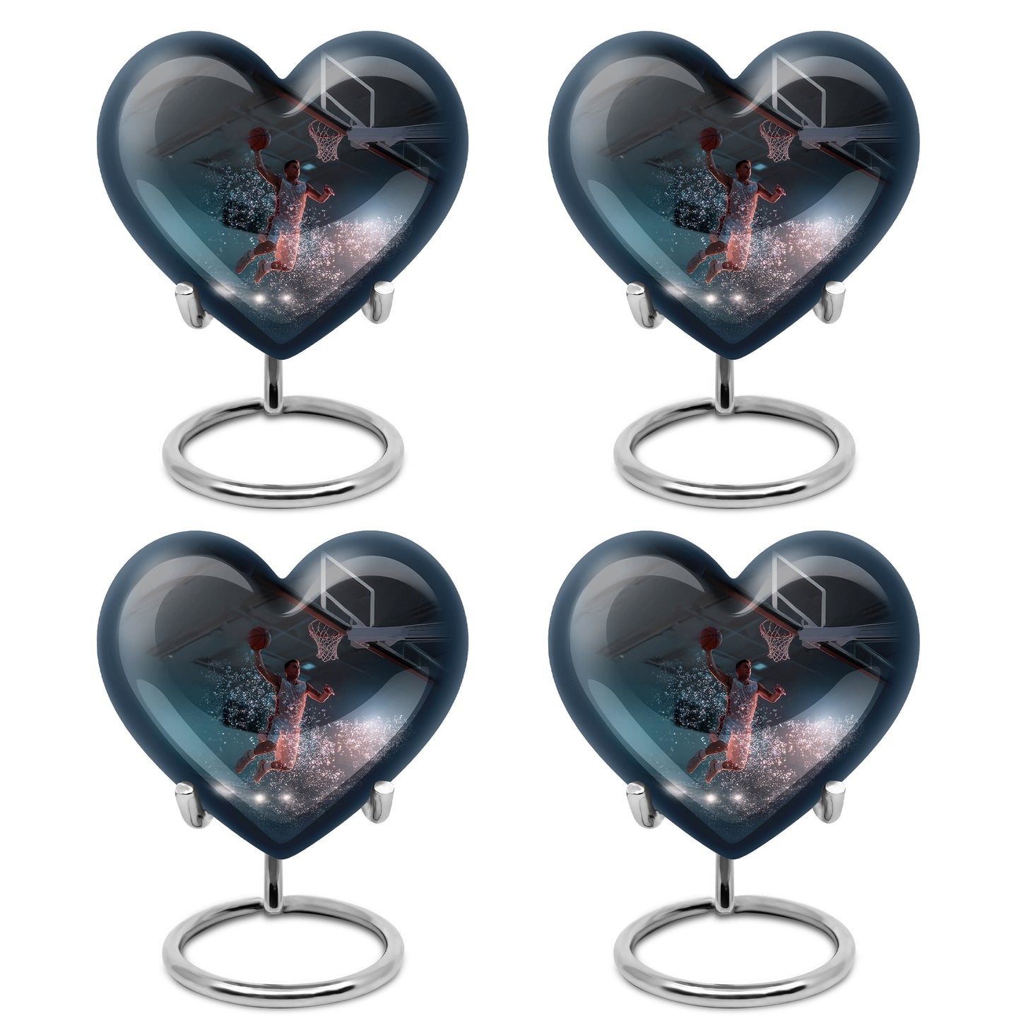 Obsidian Black Basketball Cremation Urn angled view of lid and engraved motif - romantic heart urn with basketball motif on aluminum - 10 inch aluminum urn for cremated remains