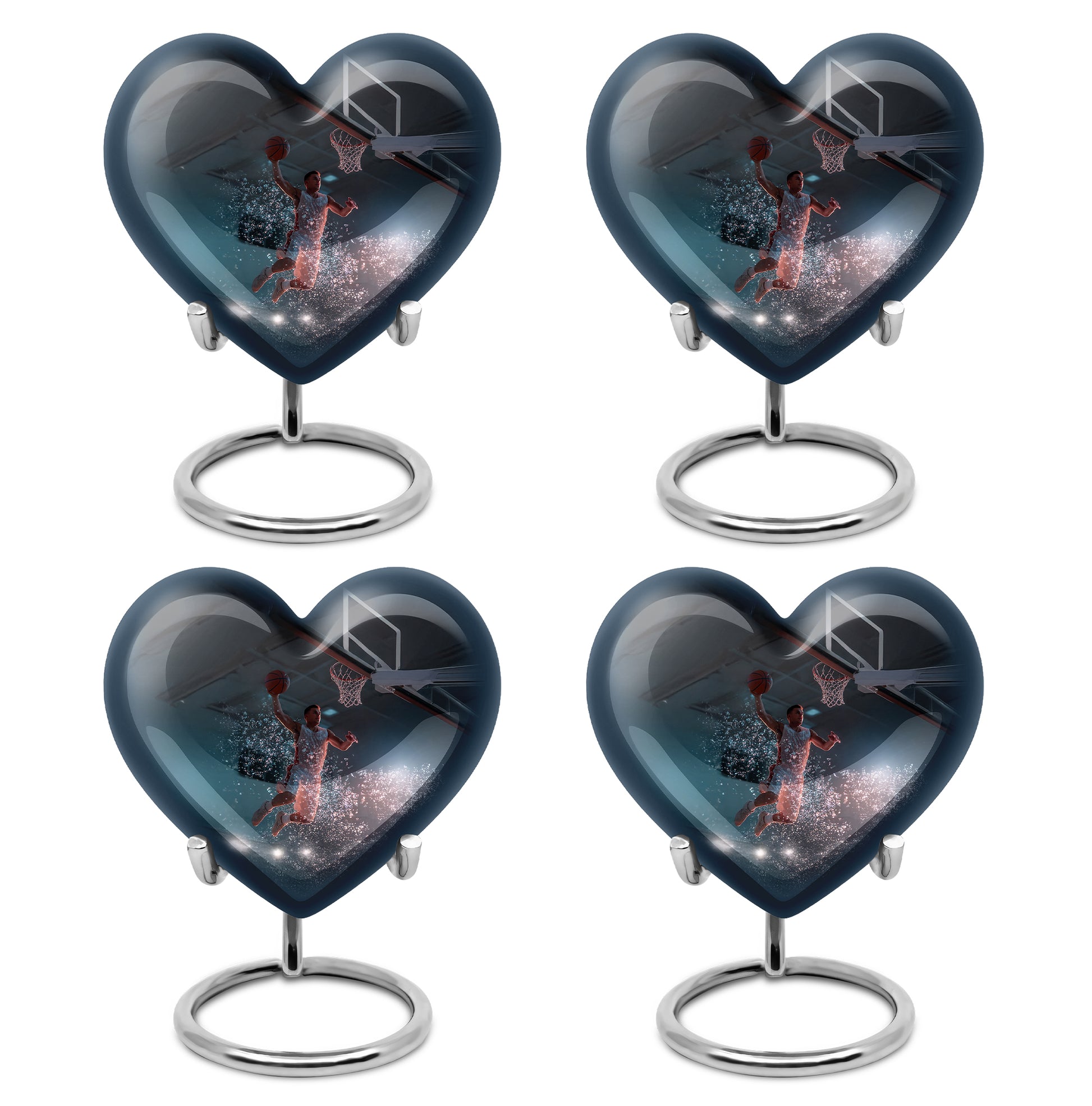 Obsidian Black Basketball Cremation Urn angled view of lid and engraved motif - romantic heart urn with basketball motif on aluminum - 10 inch aluminum urn for cremated remains
