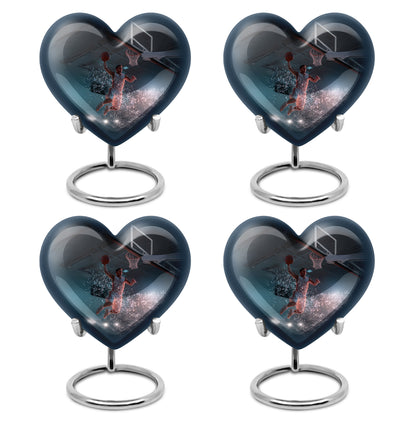 Obsidian Black Basketball Cremation Urn angled view of lid and engraved motif - romantic heart urn with basketball motif on aluminum - 10 inch aluminum urn for cremated remains