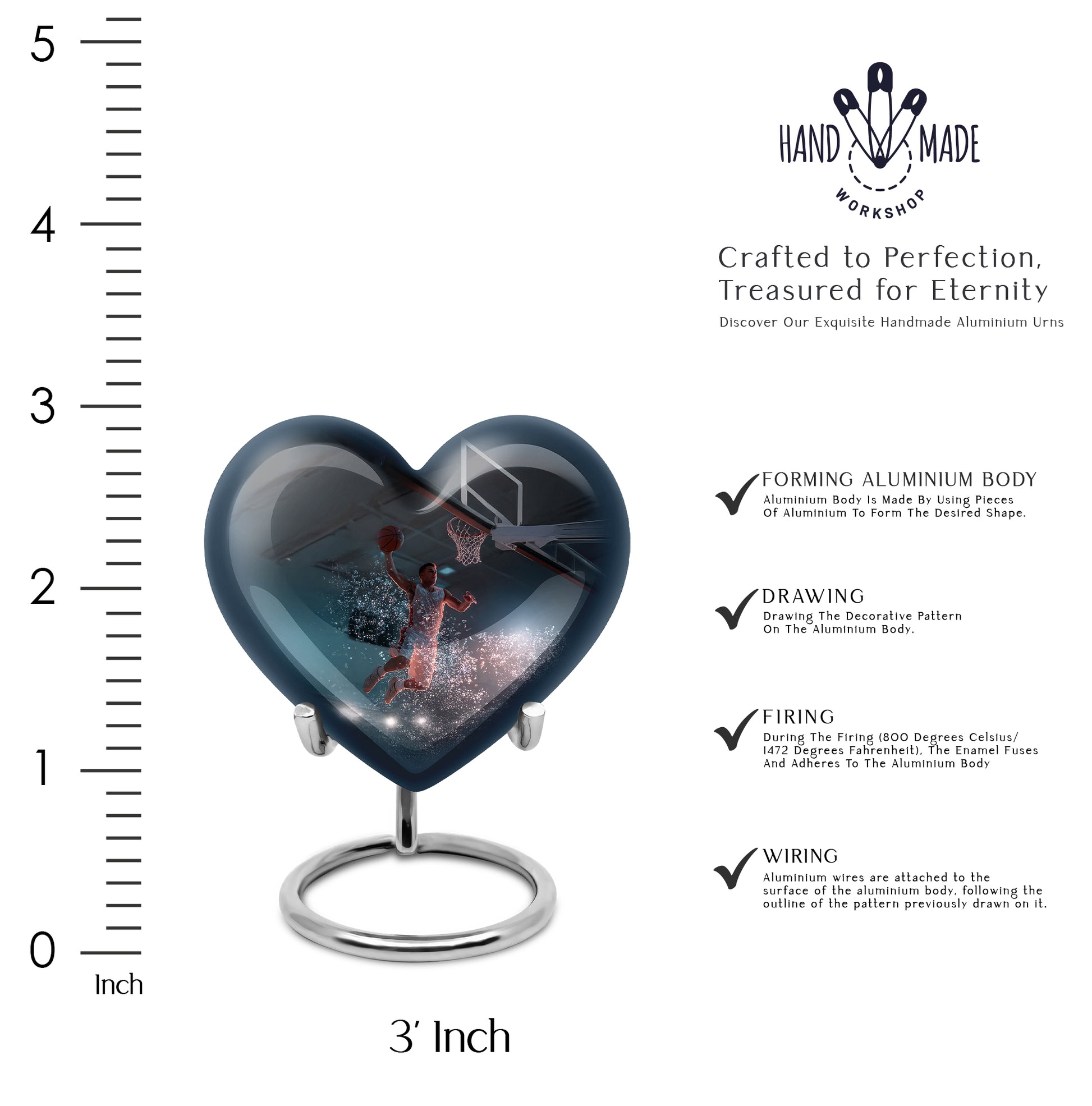 Onyx Black Basketball Cremation Urn front view showing detailed design - compassionate heart-basketball combination with gentle curves - mini keepsake memorial for portion of cremation ashes