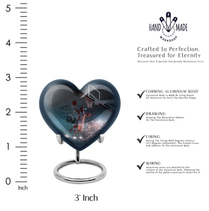 Onyx Black Basketball Cremation Urn front view showing detailed design - compassionate heart-basketball combination with gentle curves - mini keepsake memorial for portion of cremation ashes