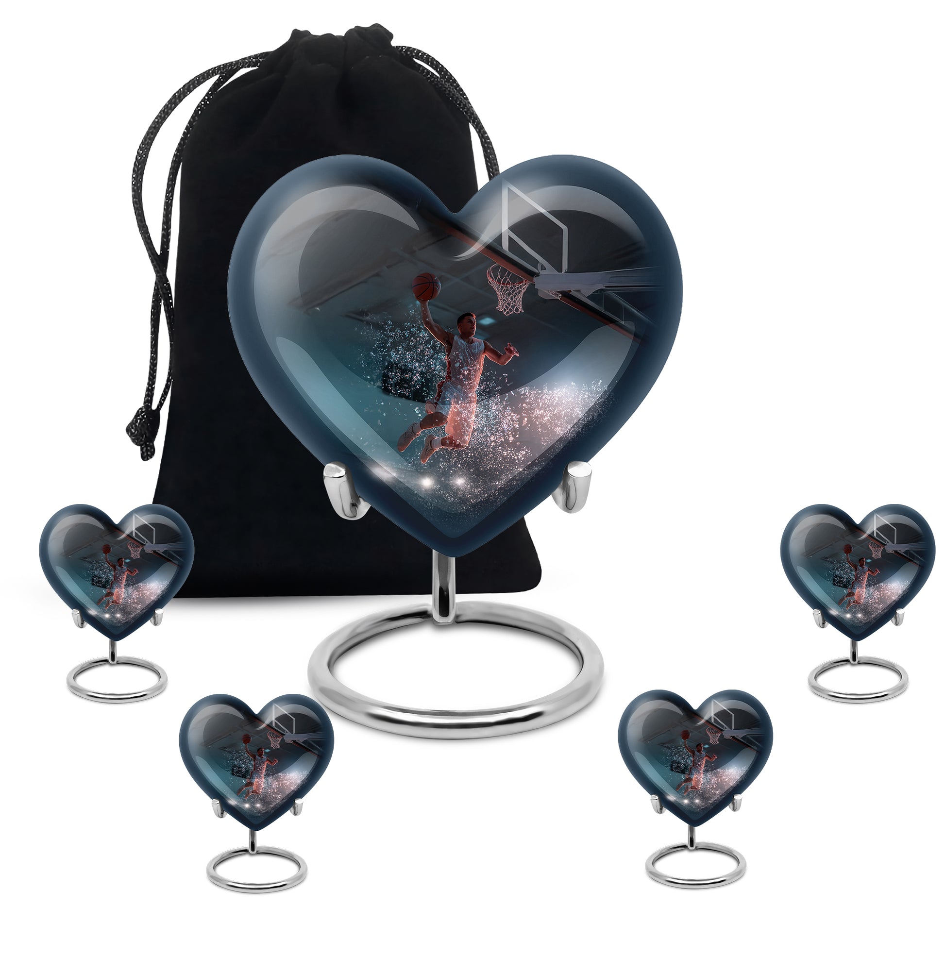 Charcoal Black Basketball Cremation Urn close-up of engraving and surface detail - compassionate heart-basketball combination with gentle curves - memorial set with one large and four small urns