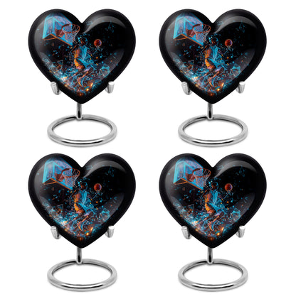 Dark Black Basketball Cremation Urn angled view of lid and engraved motif - romantic heart urn with basketball motif on aluminum - 10 inch aluminum urn for cremated remains