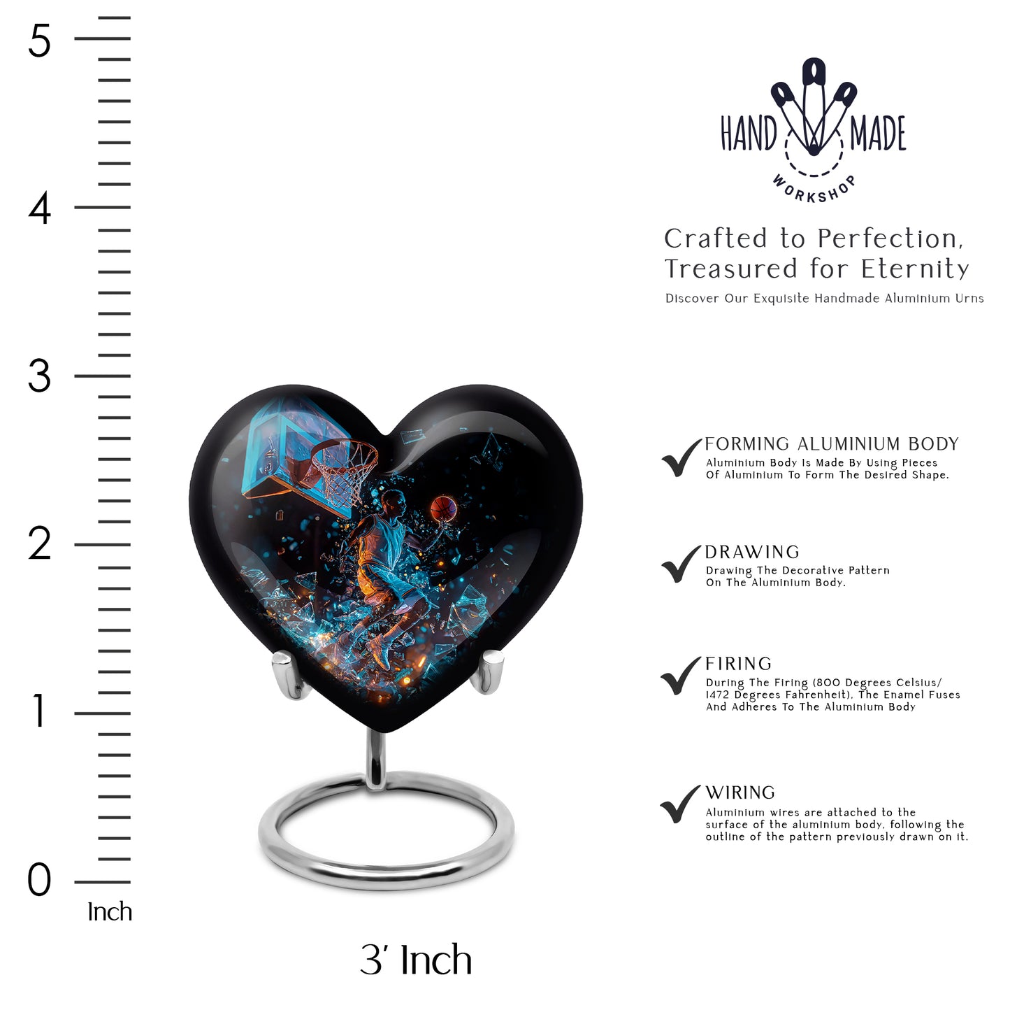 Ebony Basketball Cremation Urn front view showing detailed design - loving heart memorial featuring basketball pattern - mini keepsake memorial for portion of cremation ashes