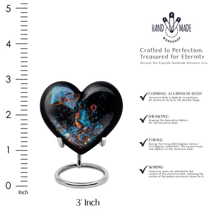 Ebony Basketball Cremation Urn front view showing detailed design - loving heart memorial featuring basketball pattern - mini keepsake memorial for portion of cremation ashes