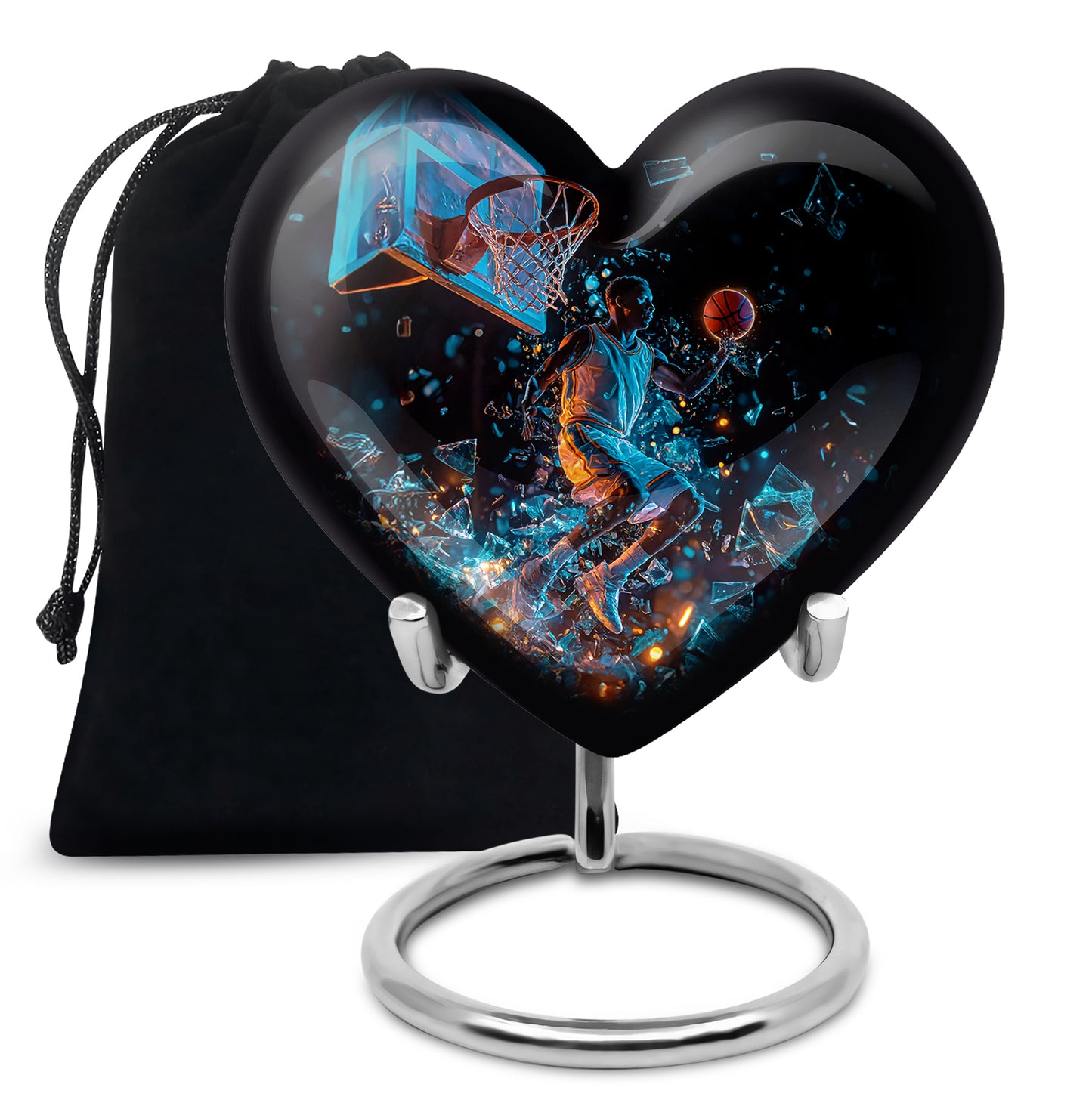 Midnight Black Basketball Cremation Urn detail view - romantic heart urn with basketball motif on aluminum - full-size 10 inch 200 cubic inch adult cremation urn