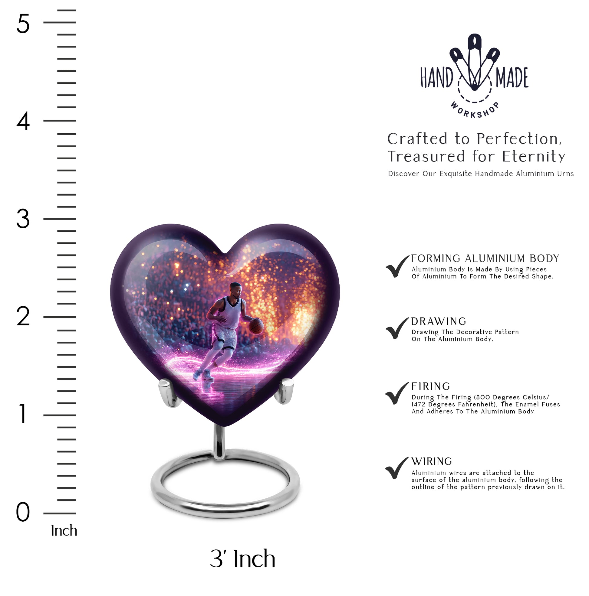 Dusty Blue Basketball Cremation Urn front view showing detailed design - heart-shaped basketball design symbolizing eternal love - mini keepsake memorial for portion of cremation ashes