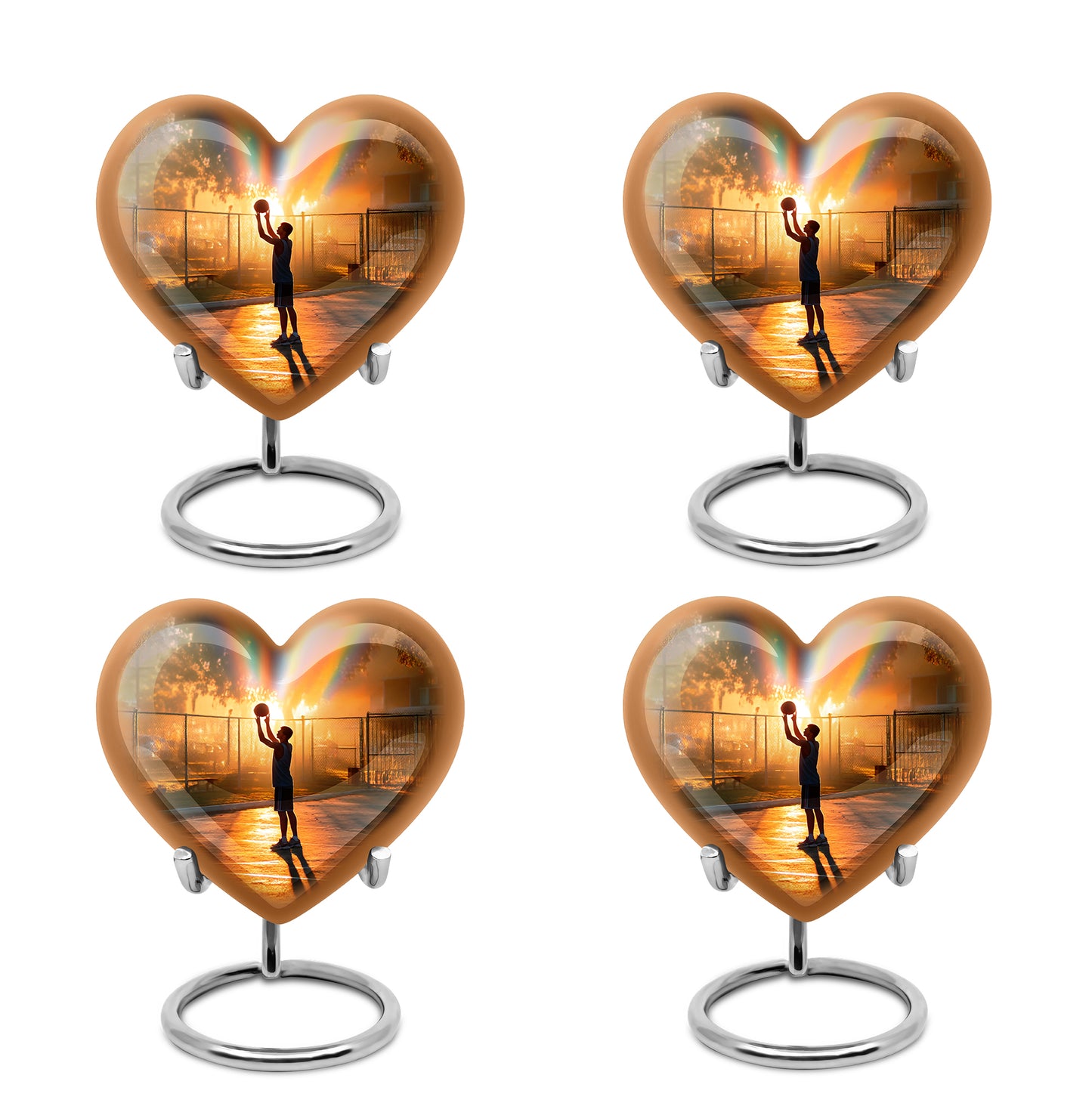 Royal Gold Basketball Cremation Urn angled view of lid and engraved motif - compassionate heart-basketball combination with gentle curves - 10 inch aluminum urn for cremated remains