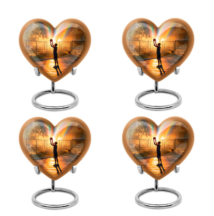 Royal Gold Basketball Cremation Urn angled view of lid and engraved motif - compassionate heart-basketball combination with gentle curves - 10 inch aluminum urn for cremated remains