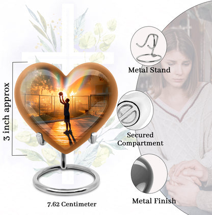 Warm Gold Basketball Cremation Urn front view showing detailed design - compassionate heart-basketball combination with gentle curves - mini keepsake memorial for portion of cremation ashes