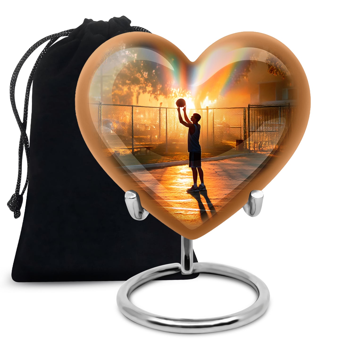 Antique Gold Basketball Cremation Urn detail view - heart-shaped basketball design symbolizing eternal love - full-size 10 inch 200 cubic inch adult cremation urn