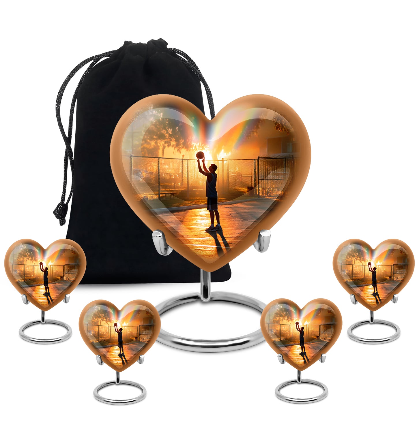 Amber Gold Basketball Cremation Urn close-up of engraving and surface detail - heart-shaped basketball design symbolizing eternal love - memorial set with one large and four small urns