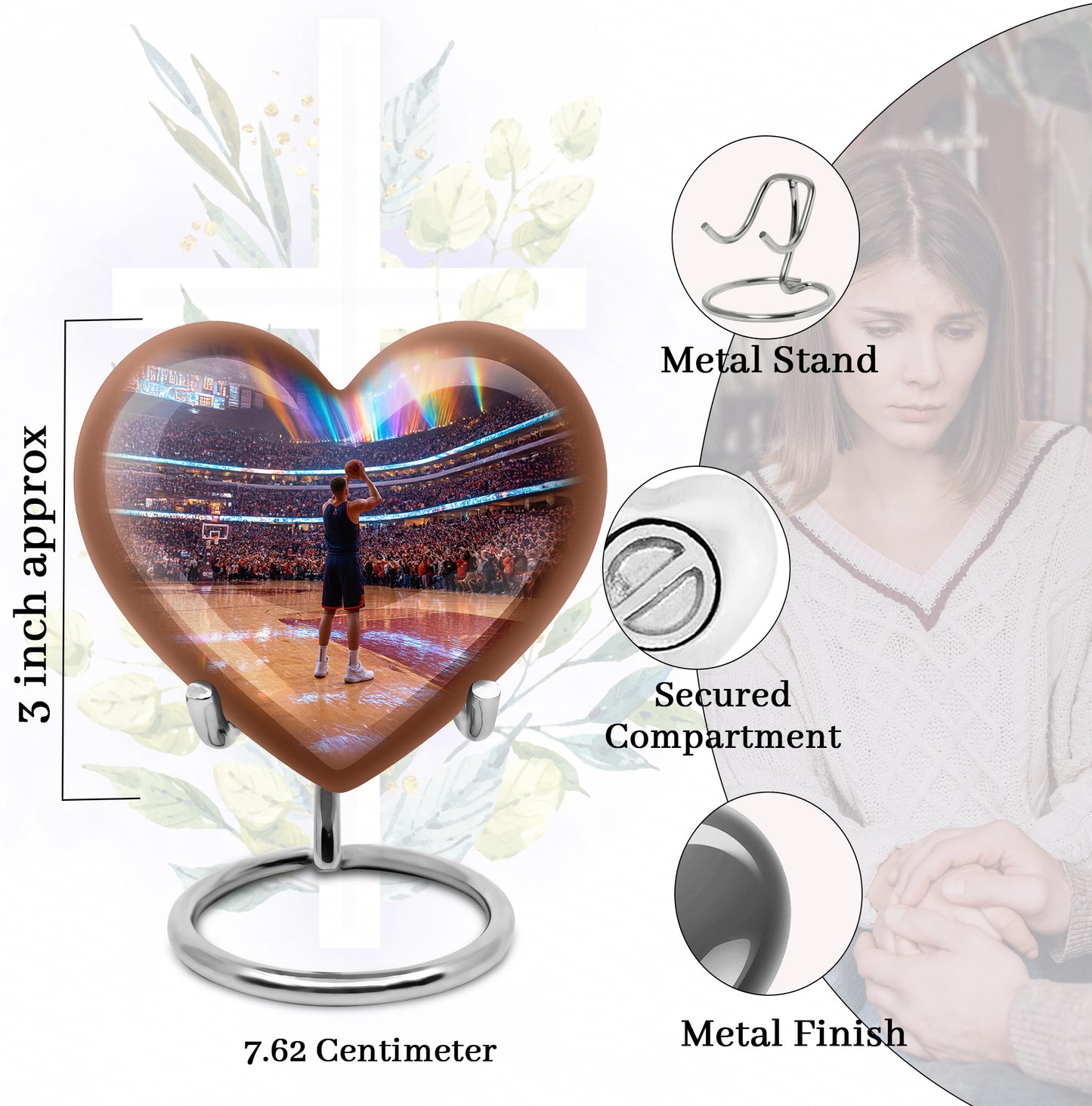 Glossy Black Basketball Cremation Urn front view showing detailed design - loving heart memorial featuring basketball pattern - mini keepsake memorial for portion of cremation ashes