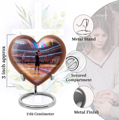 Glossy Black Basketball Cremation Urn front view showing detailed design - loving heart memorial featuring basketball pattern - mini keepsake memorial for portion of cremation ashes