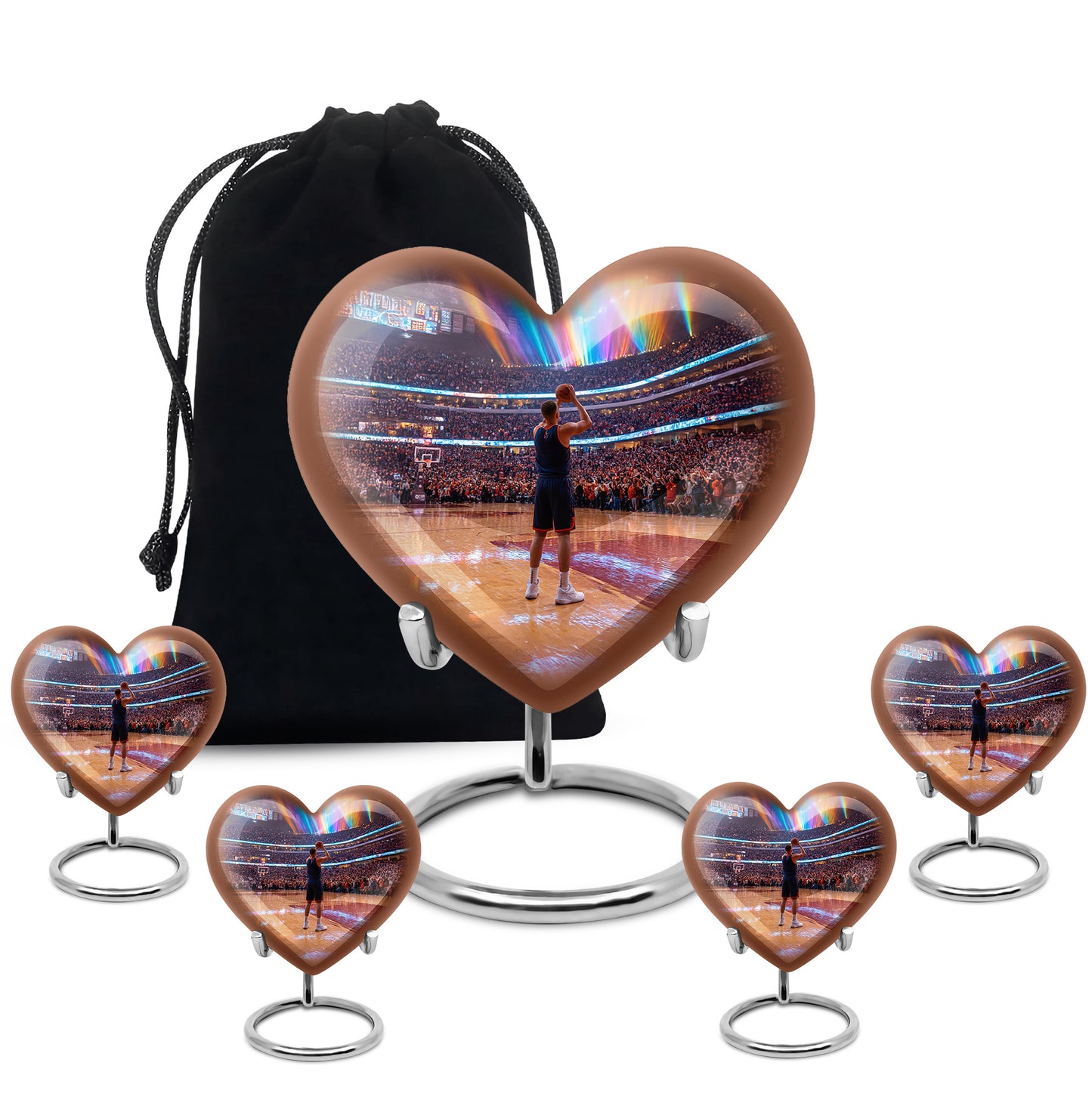 Deep Black Basketball Cremation Urn close-up of engraving and surface detail - loving heart memorial featuring basketball pattern - memorial set with one large and four small urns