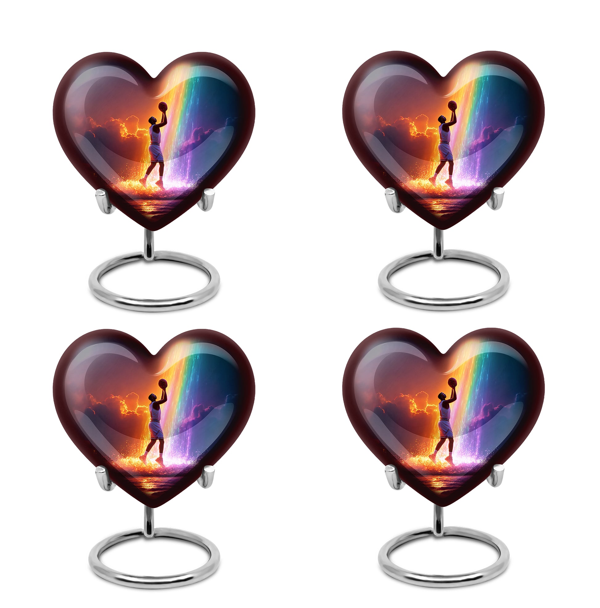 Plum Purple Basketball Cremation Urn angled view of lid and engraved motif - loving heart memorial featuring basketball pattern - 10 inch aluminum urn for cremated remains