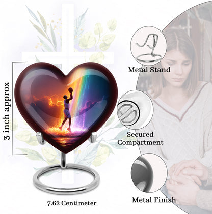 Plum Purple Basketball Cremation Urn front view showing detailed design - loving heart memorial featuring basketball pattern - mini keepsake memorial for portion of cremation ashes