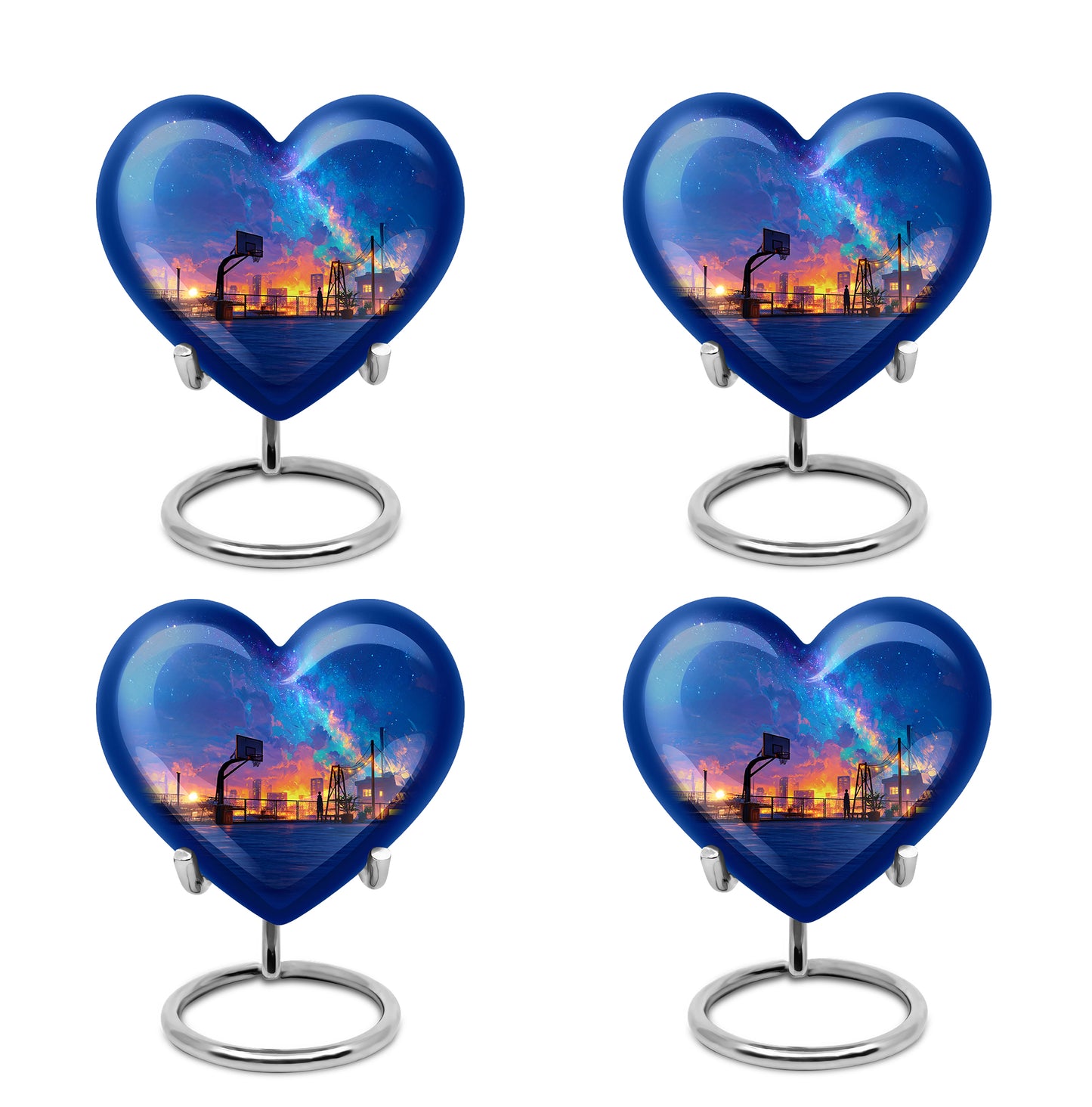 Navy Blue Basketball Cremation Urn angled view of lid and engraved motif - heart-shaped basketball design symbolizing eternal love - 10 inch aluminum urn for cremated remains