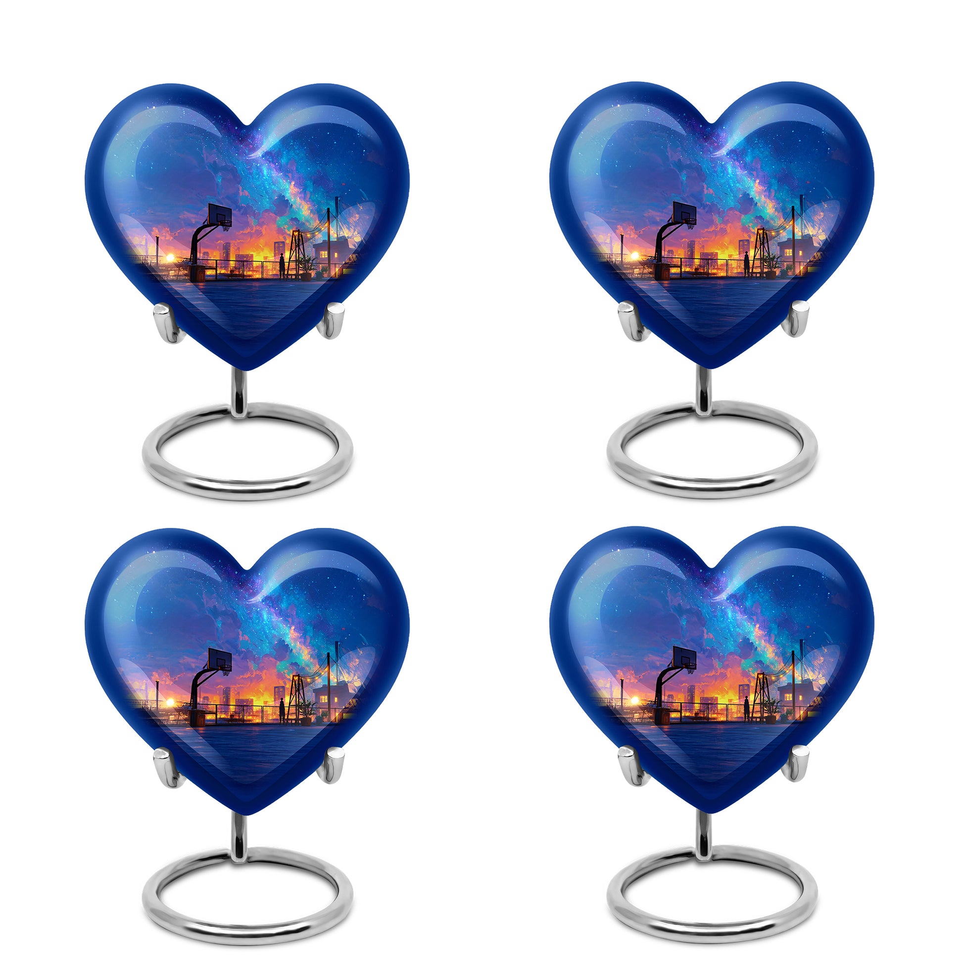 Navy Blue Basketball Cremation Urn angled view of lid and engraved motif - heart-shaped basketball design symbolizing eternal love - 10 inch aluminum urn for cremated remains