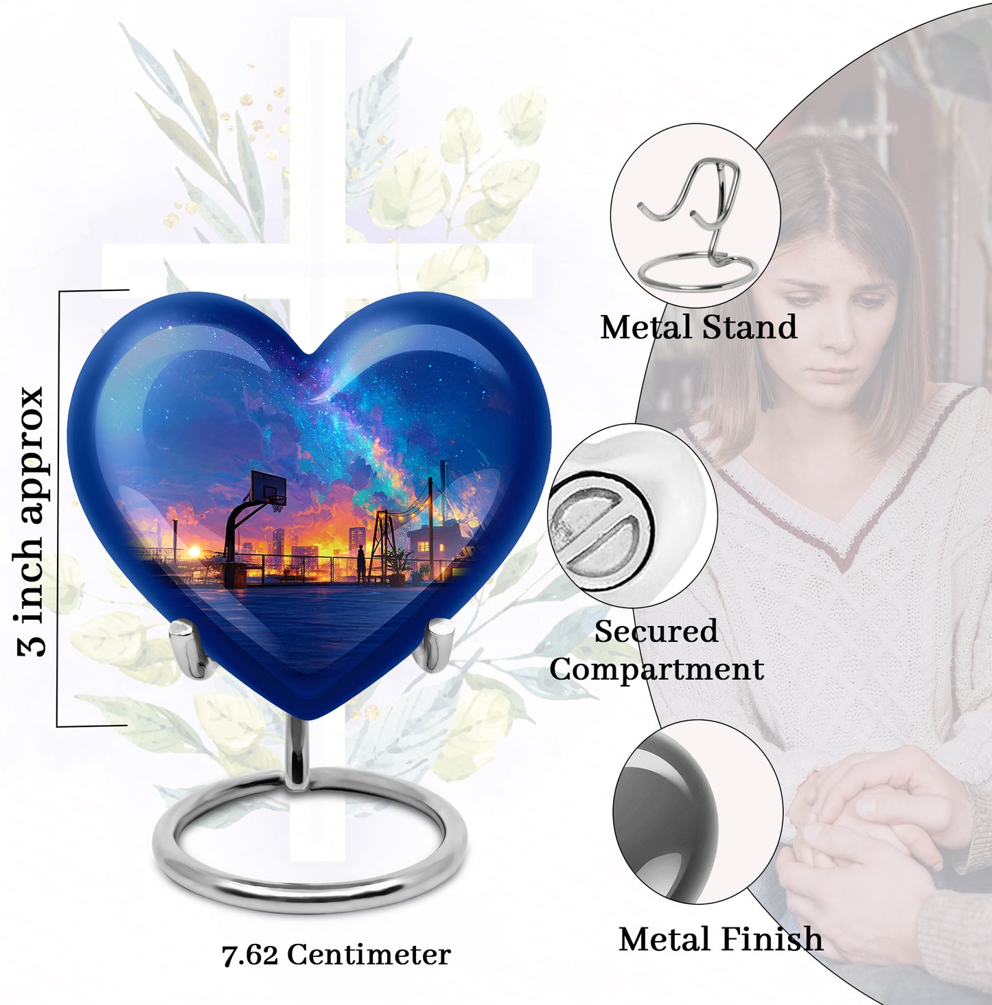 Icy Blue Basketball Cremation Urn front view showing detailed design - heart-shaped basketball design symbolizing eternal love - mini keepsake memorial for portion of cremation ashes