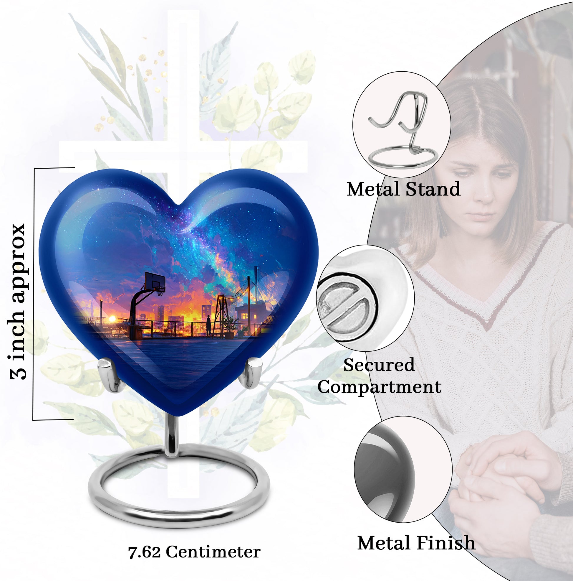 Icy Blue Basketball Cremation Urn front view showing detailed design - heart-shaped basketball design symbolizing eternal love - mini keepsake memorial for portion of cremation ashes