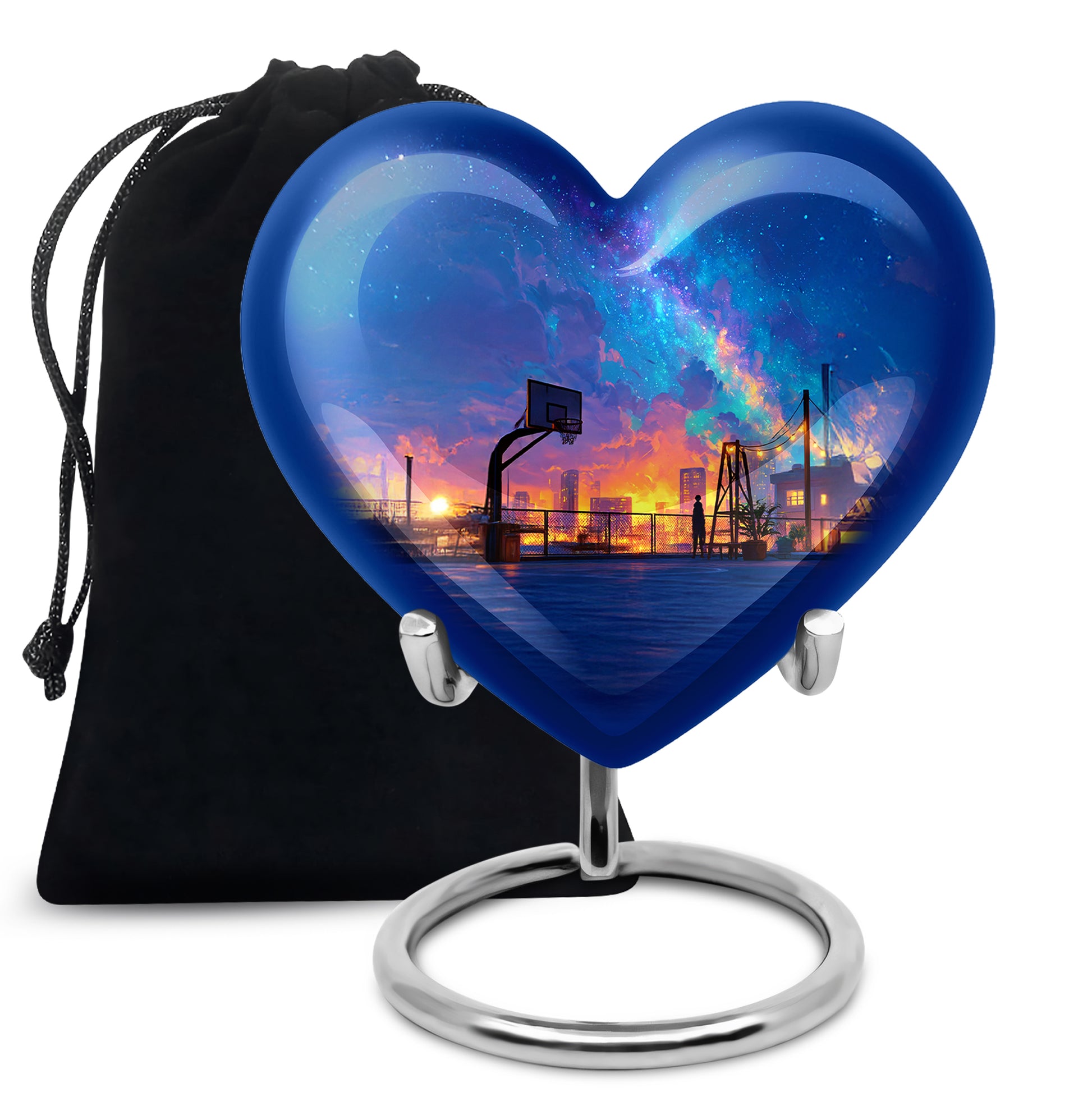 Calming Blue Basketball Cremation Urn detail view - compassionate heart-basketball combination with gentle curves - full-size 10 inch 200 cubic inch adult cremation urn