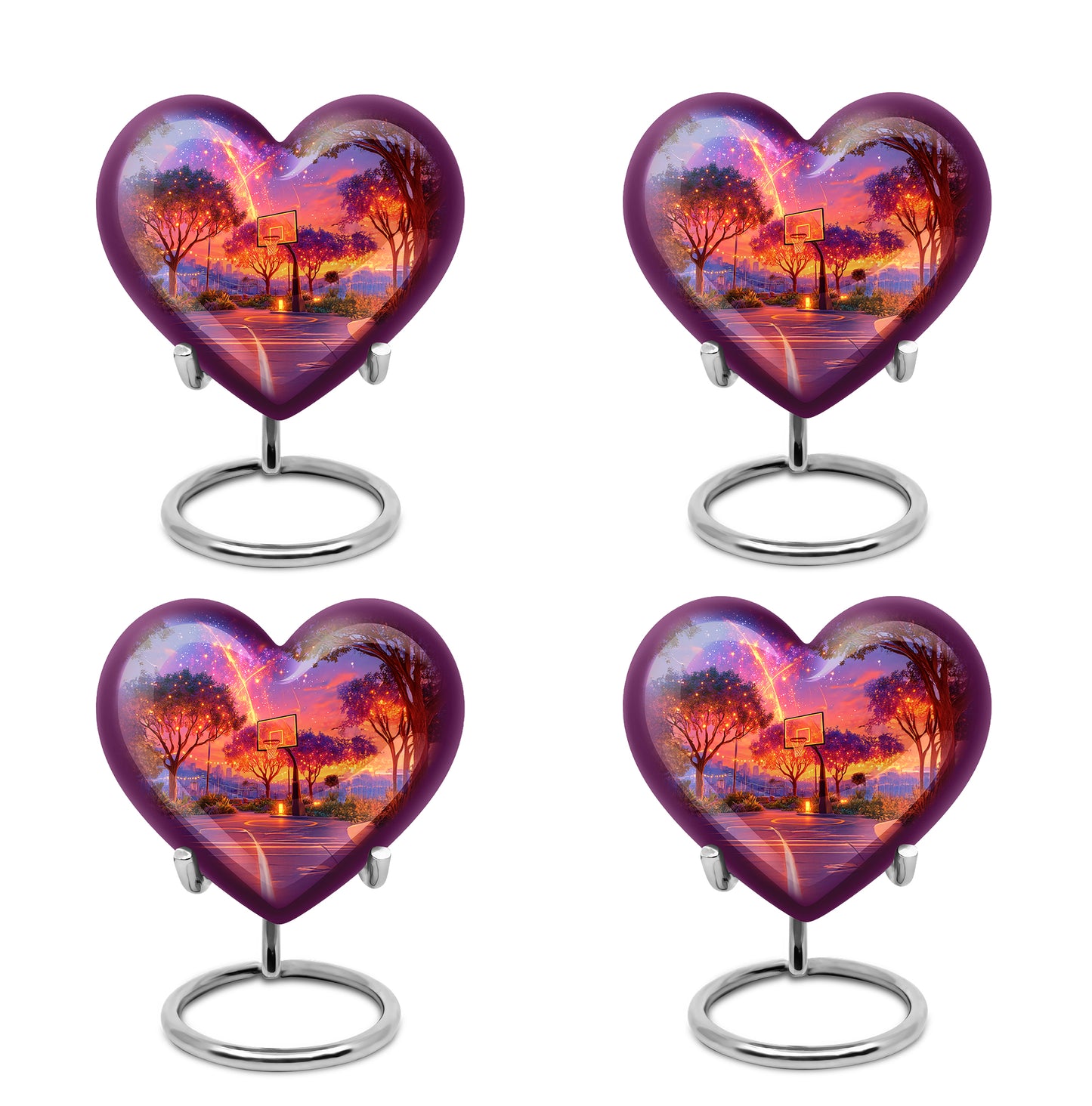 Azure Basketball Cremation Urn angled view of lid and engraved motif - heart-shaped basketball design symbolizing eternal love - 10 inch aluminum urn for cremated remains