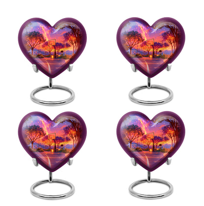 Azure Basketball Cremation Urn angled view of lid and engraved motif - heart-shaped basketball design symbolizing eternal love - 10 inch aluminum urn for cremated remains