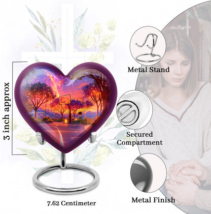 Azure Basketball Cremation Urn front view showing detailed design - loving heart memorial featuring basketball pattern - mini keepsake memorial for portion of cremation ashes