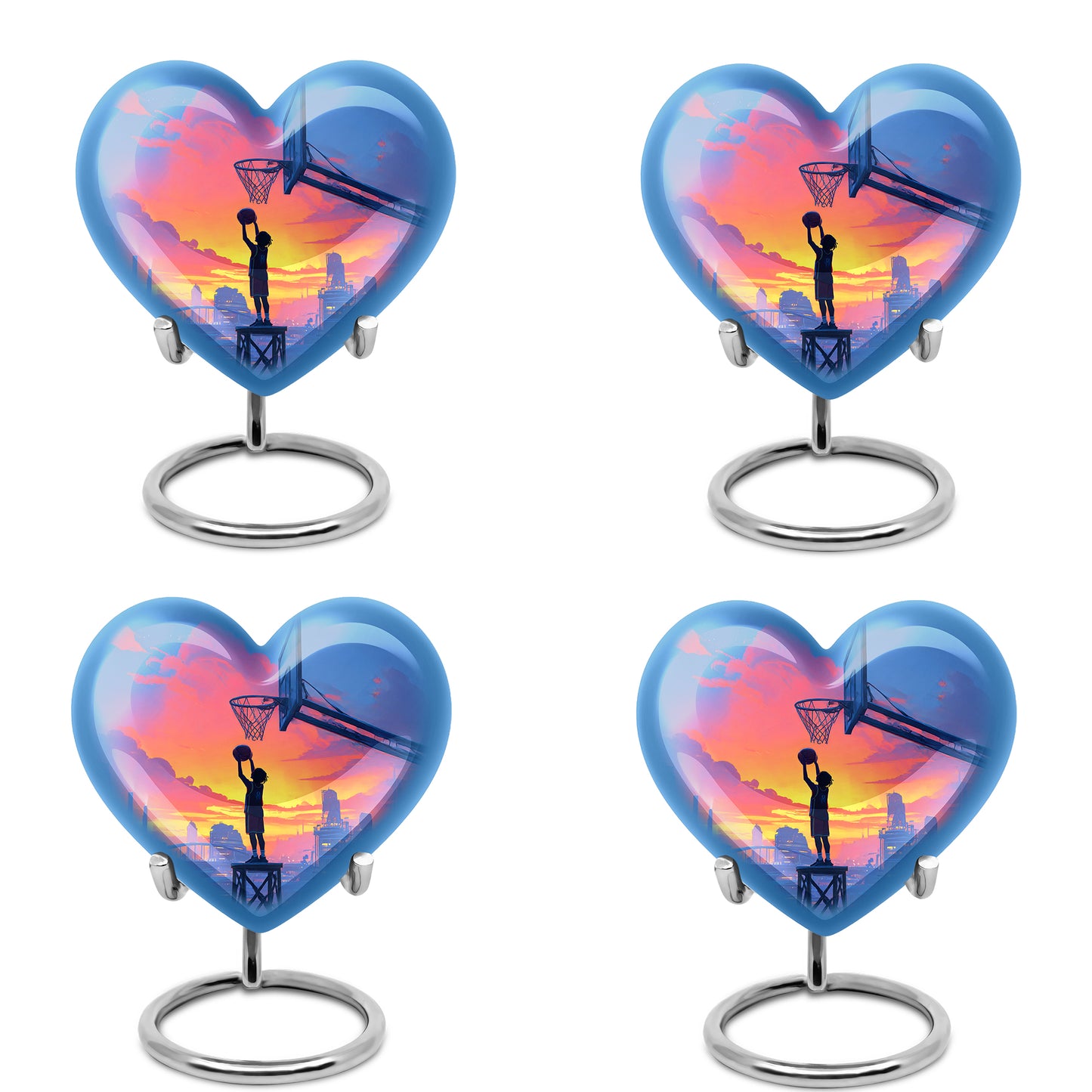 Powder Blue Basketball Cremation Urn angled view of lid and engraved motif - heart-shaped basketball design symbolizing eternal love - 10 inch aluminum urn for cremated remains