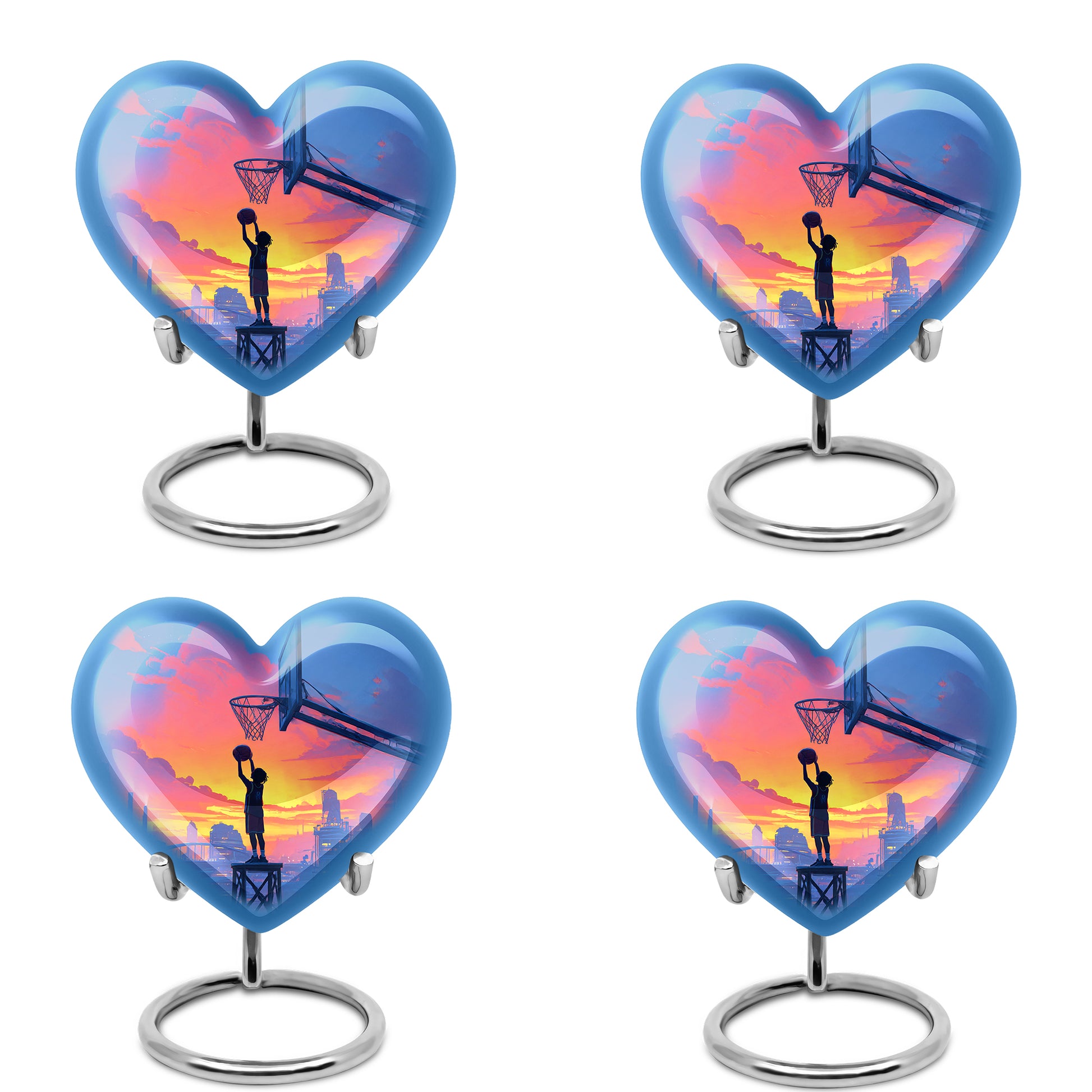 Powder Blue Basketball Cremation Urn angled view of lid and engraved motif - heart-shaped basketball design symbolizing eternal love - 10 inch aluminum urn for cremated remains