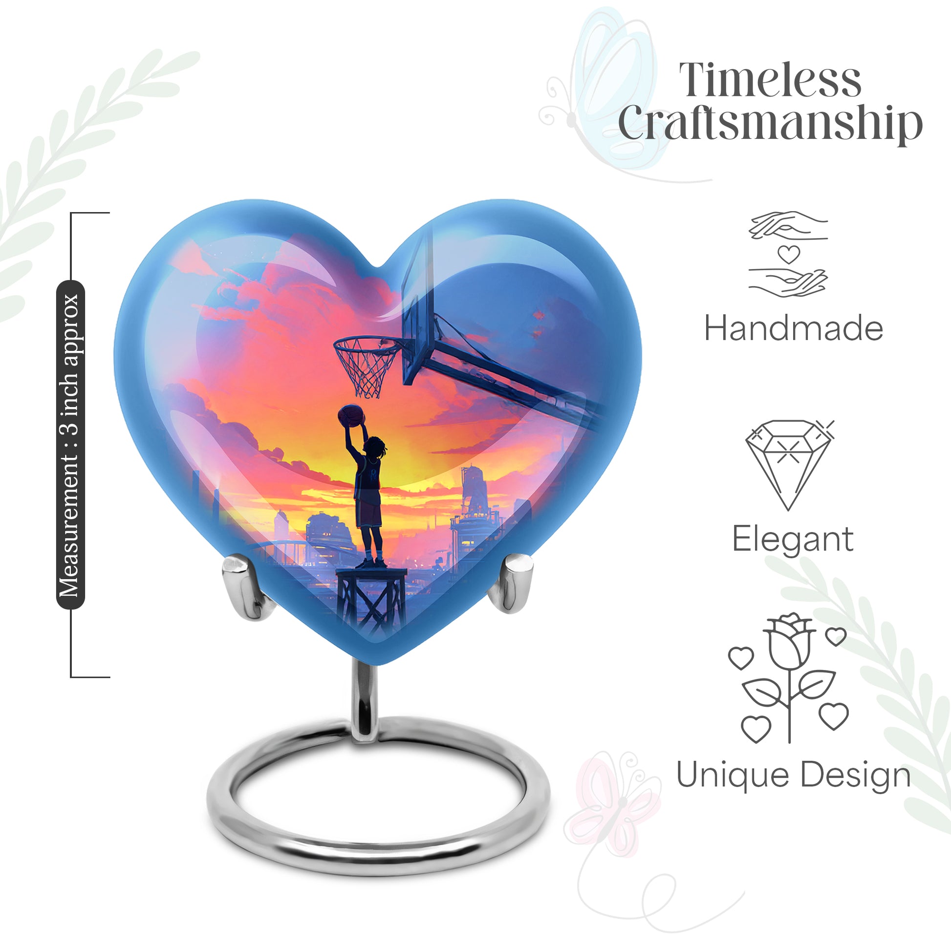 Cornflower Blue Basketball Cremation Urn front view showing detailed design - romantic heart urn with basketball motif on aluminum - mini keepsake memorial for portion of cremation ashes