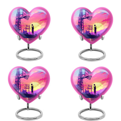 Twilight Blue Basketball Cremation Urn angled view of lid and engraved motif - compassionate heart-basketball combination with gentle curves - 10 inch aluminum urn for cremated remains