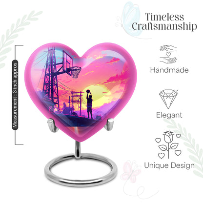 Cornflower Blue Basketball Cremation Urn front view showing detailed design - compassionate heart-basketball combination with gentle curves - mini keepsake memorial for portion of cremation ashes