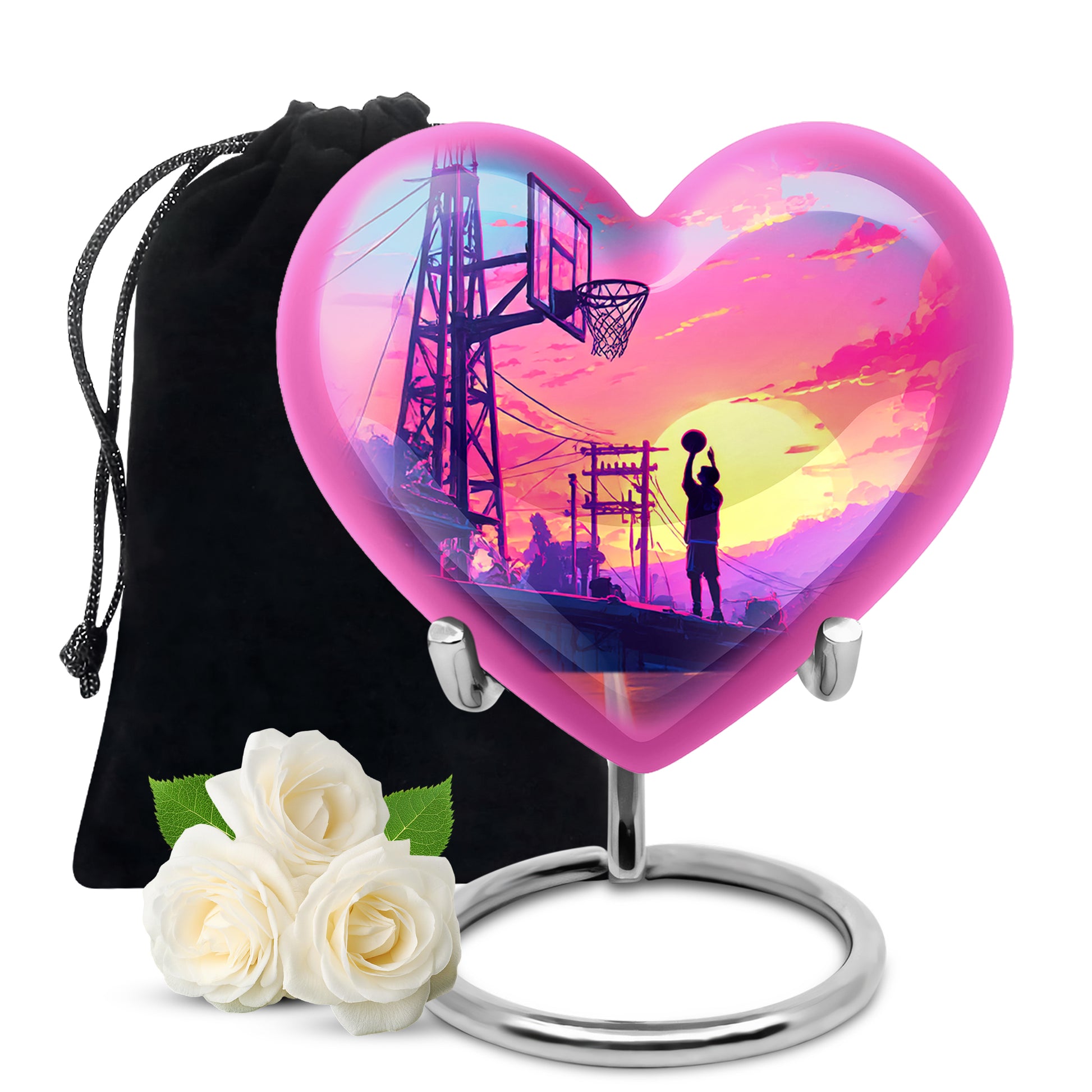 Misty Blue Basketball Cremation Urn detail view - loving heart memorial featuring basketball pattern - full-size 10 inch 200 cubic inch adult cremation urn