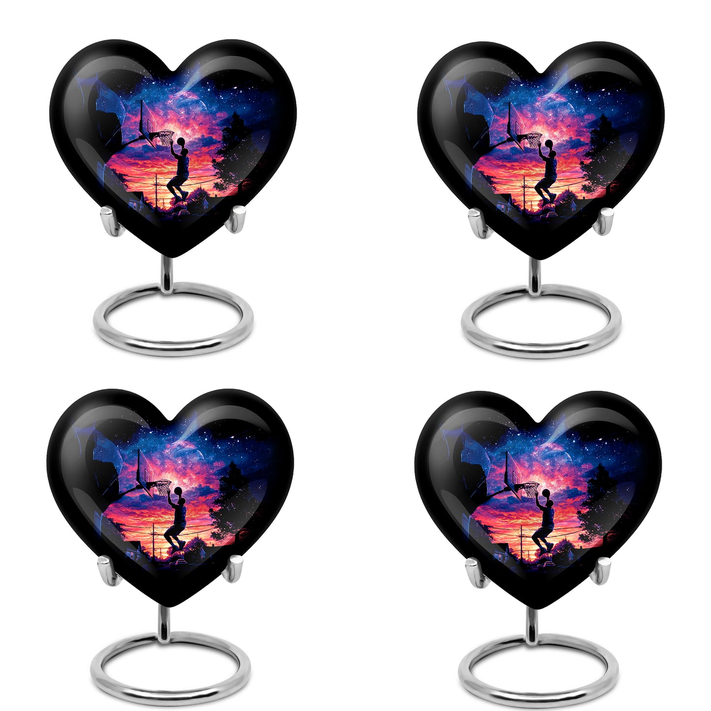 Rich Black Basketball Cremation Urn angled view of lid and engraved motif - heart-shaped basketball design symbolizing eternal love - 10 inch aluminum urn for cremated remains