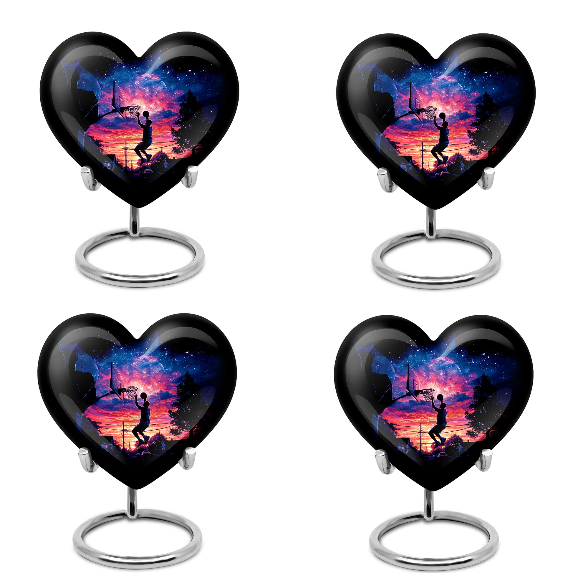 Rich Black Basketball Cremation Urn angled view of lid and engraved motif - heart-shaped basketball design symbolizing eternal love - 10 inch aluminum urn for cremated remains