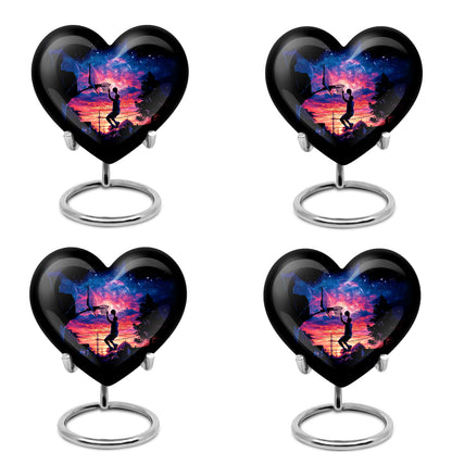 Rich Black Basketball Cremation Urn angled view of lid and engraved motif - heart-shaped basketball design symbolizing eternal love - 10 inch aluminum urn for cremated remains