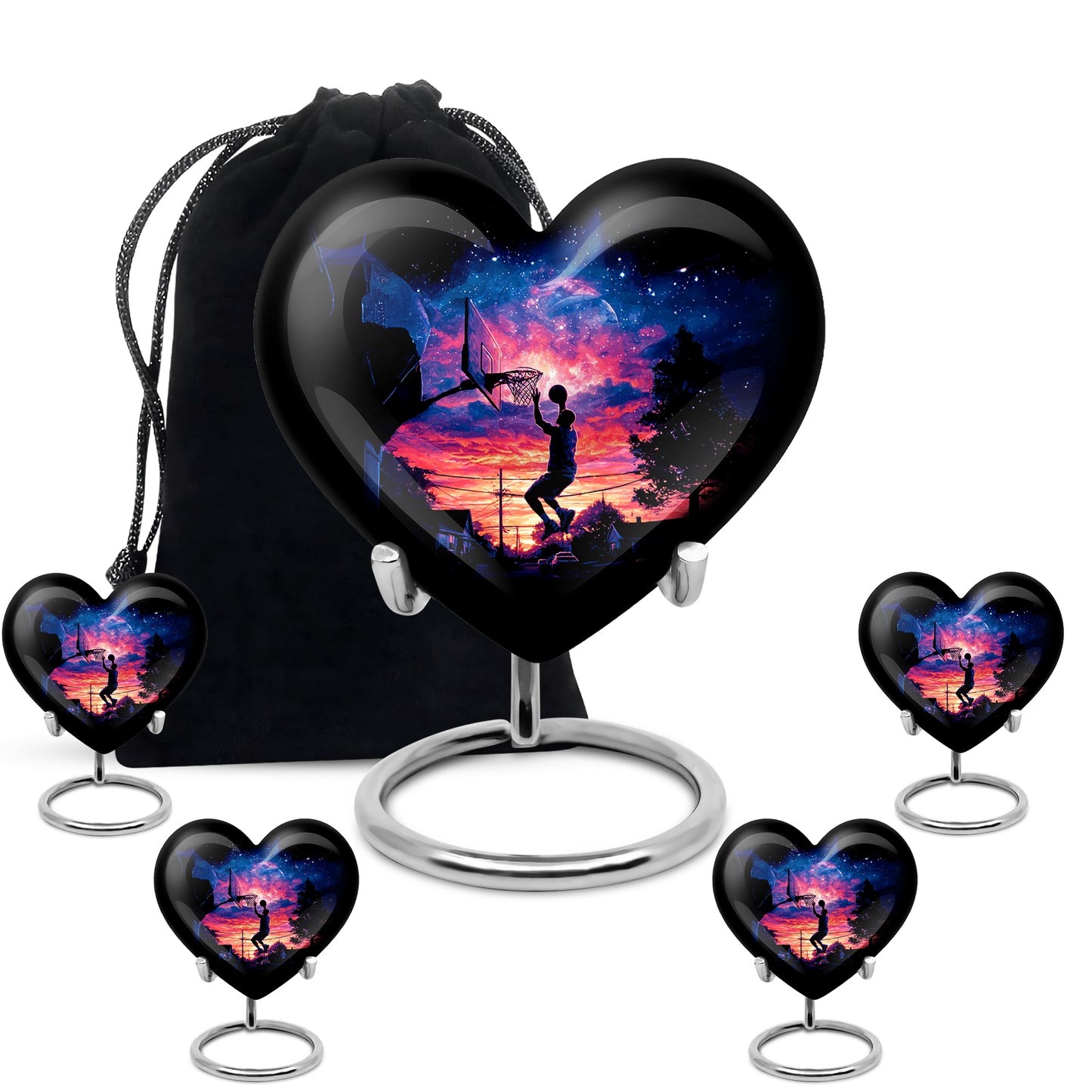 Obsidian Black Basketball Cremation Urn close-up of engraving and surface detail - romantic heart urn with basketball motif on aluminum - memorial set with one large and four small urns