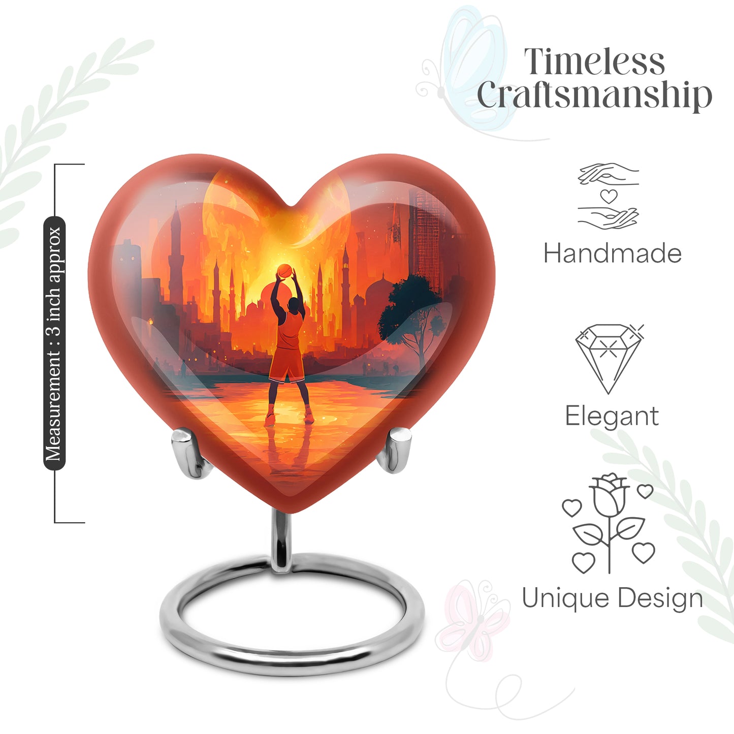 Deep Red Basketball Cremation Urn front view showing detailed design - heart-shaped basketball design symbolizing eternal love - mini keepsake memorial for portion of cremation ashes
