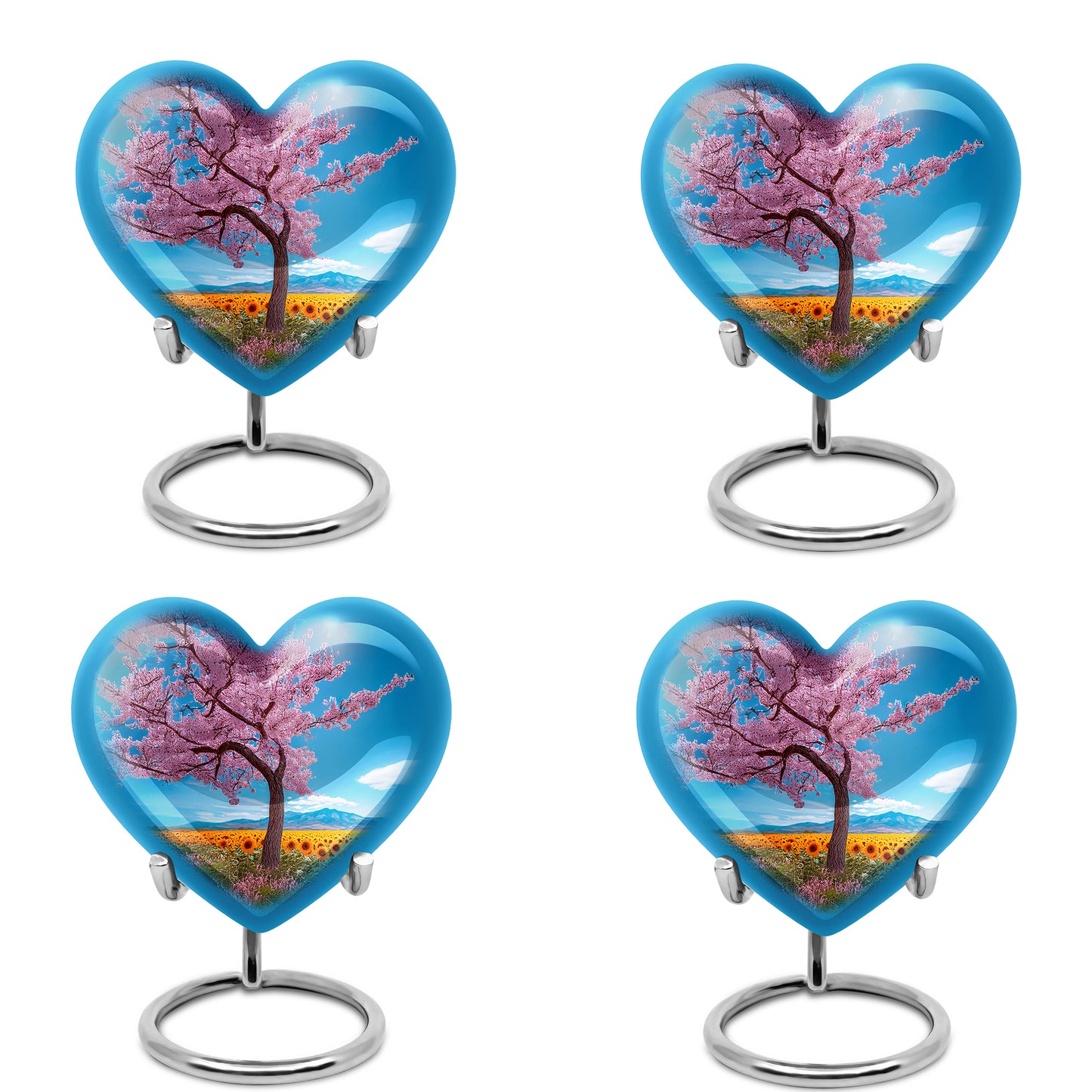 Sapphire Blue Cherry Blossom Cremation Urn angled view of lid and engraved motif - compassionate heart-cherry blossom combination with gentle curves - 10 inch aluminum urn for cremated remains