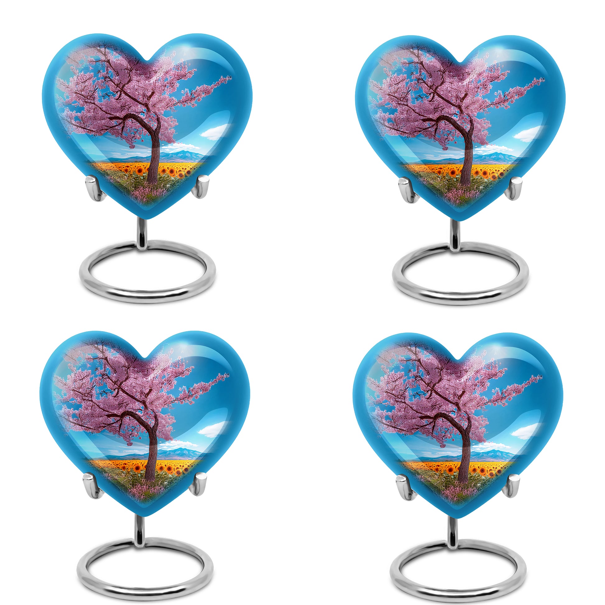 Sapphire Blue Cherry Blossom Cremation Urn angled view of lid and engraved motif - compassionate heart-cherry blossom combination with gentle curves - 10 inch aluminum urn for cremated remains