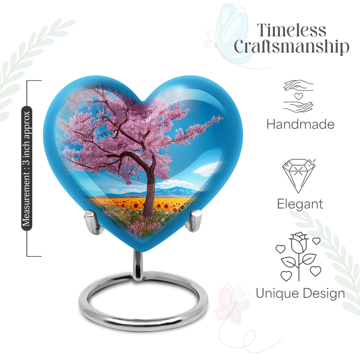 Powder Blue Cherry Blossom Cremation Urn front view showing detailed design - loving heart memorial featuring cherry blossom pattern - mini keepsake memorial for portion of cremation ashes